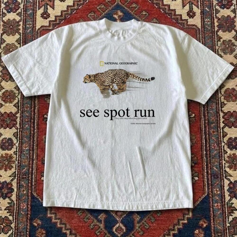 Gildan Men White T-Shirt, White See Spot Run National Geographic